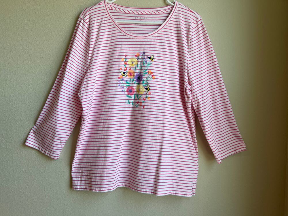 Talbots Floral Bee Embroidered Striped 3/4 Sleeve Cotton Knit Top Pink White XL